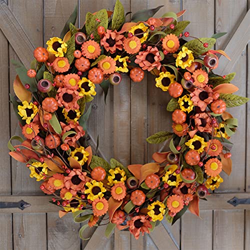 Bibelot Fall Wreath Artificial Pumpkin Wreath Green Leaves for Front Door Autumn Wreaths Farmhouse Home Office Wedding Party Wall Decor … (Pumpkin)