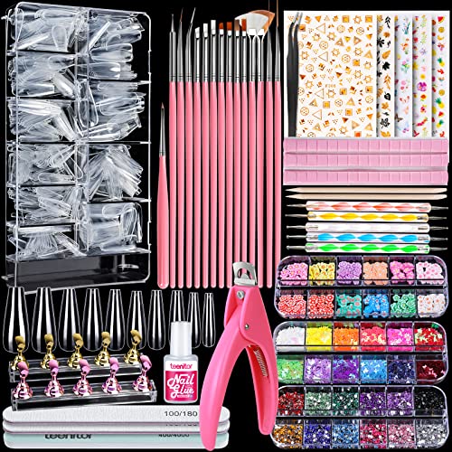 Acrylic Fake Nails Kit, Teenitor Press On Nail Supplies with Clear Coffin Nail Tips Nail Stand Nail Art Brushes Dotting Pen Glitter Sequins Stickers Rhinestones Nail Decorations Nail Starter Kit