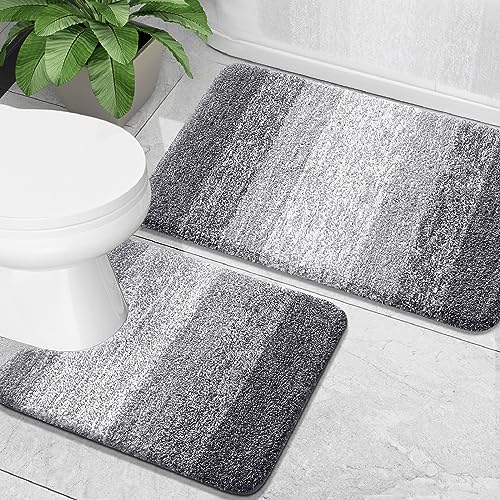 OLANLY Luxury Bathroom Rug Set 2 Piece, Soft Absorbent Microfiber Bath Rugs and U-Shaped Contour Toilet Rug, Non-Slip Bath Carpet, Machine Wash Dry, Bath Mats for Bathroom (24"x16"+24"x20", Grey)