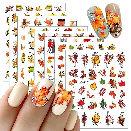 8 Sheets Fall Nail Art Stickers Decals,3D Fall Maple Leaf Nail Decals Self-Adhesive Nail Art Supplies Maple Leaves Mushroom Nail Designs Stickers Thanksgiving Day Decorations for Women DIY Nail Art