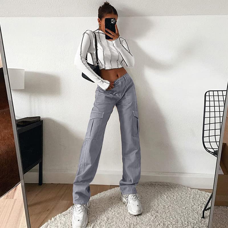 Women 6 Pockets High Waisted Cargo Pants Wide Leg Casual Pants Combat Military Trouser Blue Grey