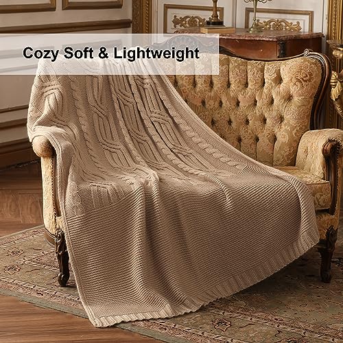 Amélie Home Cable Knit Throw Blanket, Soft Cozy Lightweight Knit Throw Blanket, Farmhouse Soft Fall Light Throw Blanket for Couch Sofa Bedroom, 50" x 60", Beige