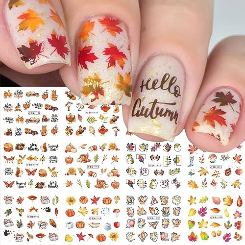Fall Leaf Nail Art Stickers, LPOODDNU Maple Leaf Nail Decals Autumn Nail Art Supplies Cute Maple Leaves Turkeys Squirrels Pumpkins Water Decals for Women Thanksgiving Day Nail Art Decorations