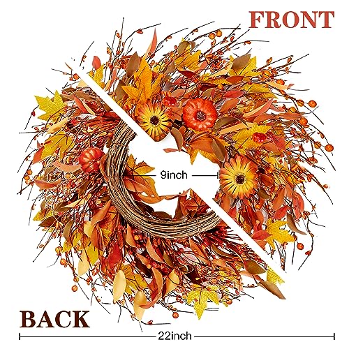 Sggvecsy Artificial Fall Wreath 22’’ Autumn Front Door Wreath Harvest Wreath with Pumpkin Daisy Berry Maple Leaves Fall Decorations for Outside Indoor Wall Window Festival Thanksgiving Autumn Decor