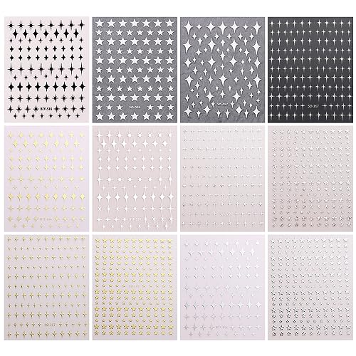 Eseres 12 Sheets Star Nail Art Stickers Decals Metallic Self-Adhesive Shinning Stars Designs for Nail Art Holographic Nail Supplies Decoration for Women Girls