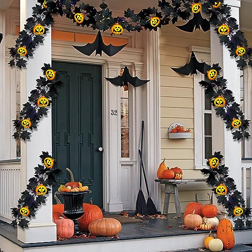 [Orange & Purple Lights] 2 Pack Black Halloween Garland Lights with 3D 20 Pumpkin Halloween Decorations Total 16.4Ft 40LED Black Maple Leaf Lights Hanging Garlands Battery Operated Home Indoor Home