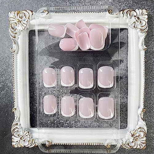 24Pcs Pink Press on Nails Short Fake Nails French Tip False Nails Glossy Artificial Acrylic Full Cover Glue on Nails Square Stick on Nails for Summer Women Girls Manicure Art（White）