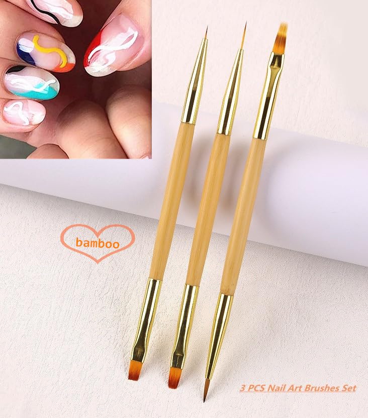 KLDKUST 3 Pcs Nail Drawing Brushes, Dual End Nail Art Pen Brush Acrylic Round Flat Painting Drawing Liner Nail Tools