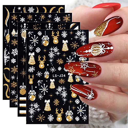 8 Sheets Christmas Nail Art Stickers Decals Self-Adhesive Pegatinas Uñas Holiday Gold Snowman Snowflake Xmas Winter Nail Supplies Nail Art Design Decoration Accessories