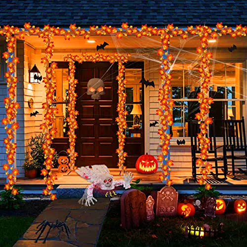 3 Pack Fall Garland with Pumpkin Lights & Enlarged Maple Fall String Lights Pumpkins Lights, 30Ft 60LED Waterproof Battery Operated Fall Decorations Home Indoor Outdoor Thanksgiving Halloween Decor