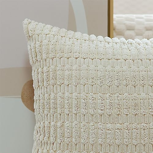 Henzxi Pack of 2 Corduroy Decorative Throw Pillow Covers 18x18 Inch Soft Striped Square Boho Pillow Covers Modern Farmhouse Home Decor for Sofa Living Room Couch Bed Cream White