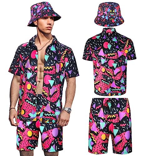 Men's 2 Pieces 70s 80s 90s Outfit Retro Shirts and Shorts Set with Hat Hawaiian Beach Tracksuits for Men Disco Party (Fresh,Medium)