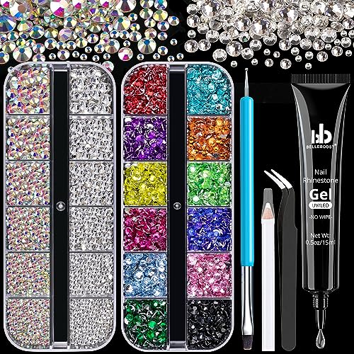 Rhinestones for Nails, Manicure Kit with Nail Rhinestone Glue Gel, 2-5mm Flatback Glass Crystal AB & Clear Gemstones and Colorful Resin Beads, Gem Glue for Nails (UV/LED Needed) with Dotting Tools