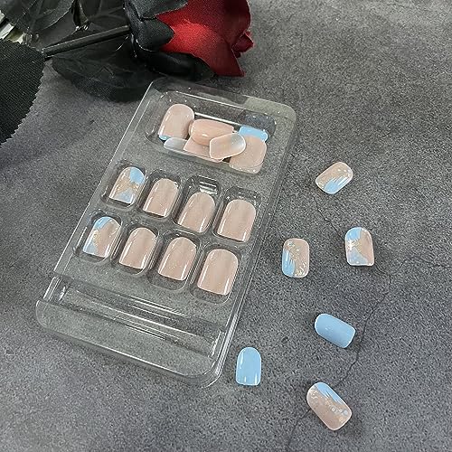 Short Square Press on Nails, Acrylic Fake Nails Pink Blue Gold Foil False Nails with Designs Artificial Full Cover Glue on Nails Short Stick on Nails for Women Glossy Nails 24Pcs