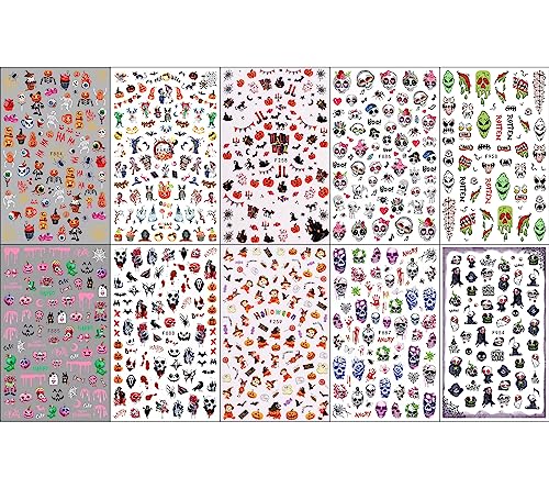 JMEOWIO 10 Sheets Halloween Nail Art Stickers Decals Self-Adhesive Pegatinas Uñas Ghost Skull Bat Horror Nail Supplies Nail Art Design Decoration Accessories