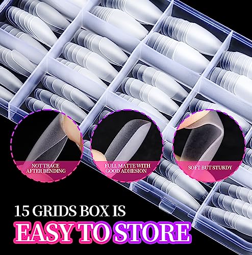 15 Sizes Matte Short Coffin Nail Tips, Teenitor 300pcs Pre-shaped Soft Gel Nail Tips with Nail Glue Set, Full Cover Press on Fake Nails with Nail Stand & French Nail Art Sticker for Nail Extensions