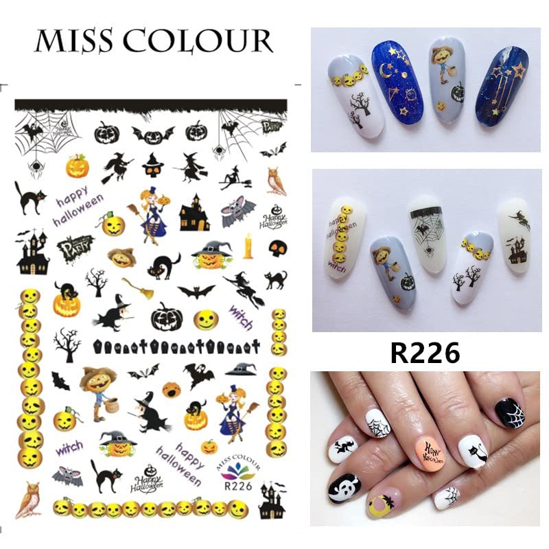 8 Sheets Halloween Nail Art Stickers Decals Self-Adhesive Pegatinas Uñas Cute Scream Horror Skull Spider Web Witch Nail Supplies Nail Art Design Decoration Accessories