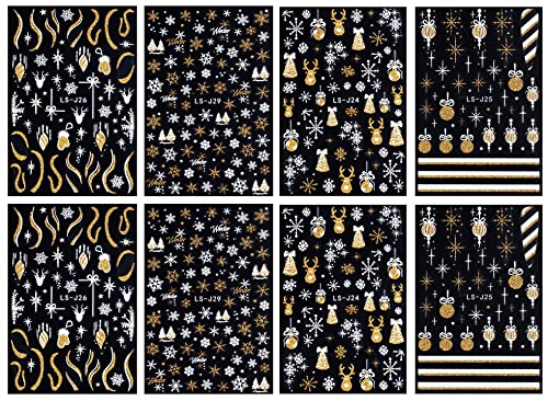 8 Sheets Christmas Nail Art Stickers Decals Self-Adhesive Pegatinas Uñas Holiday Gold Snowman Snowflake Xmas Winter Nail Supplies Nail Art Design Decoration Accessories