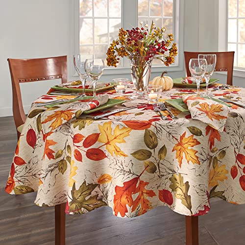 Elrene Home Fashions Autumn Leaves Fall Printed Tablecloth, Holiday Table Cover for Formal or Everyday Use, 70" Round