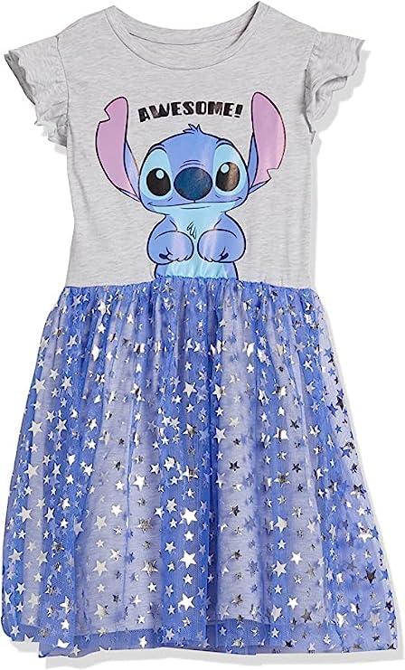 Disney Big Stitch Ruffle Sleeve Tulle Dress-Girls Sizes 4-16, Heather/Blue, 14-16