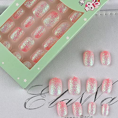 TXMOYI 24 Pieces Kids Press on Nails Pre-glue Children False Nails Stick on Short Full Cover Artificial Fake Nails Holo Glitter Acrylic Nail Tips for Little Girls Gift Nail Art Designs