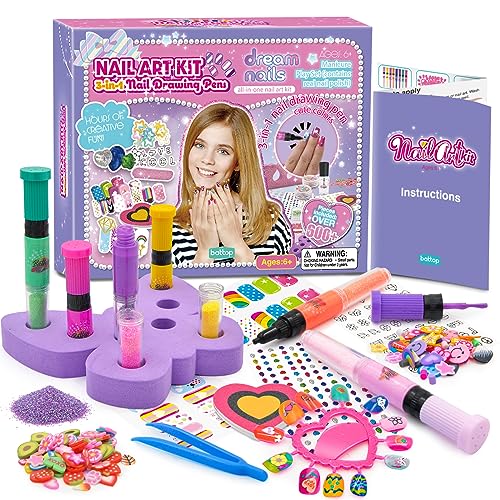 BATTOP Kids Nail Polish Kit for Girls, 3 IN 1 Nail Polish Pen Combo Glitter with 3D Nail Decoration Accessories, Perfect Gifts for girls