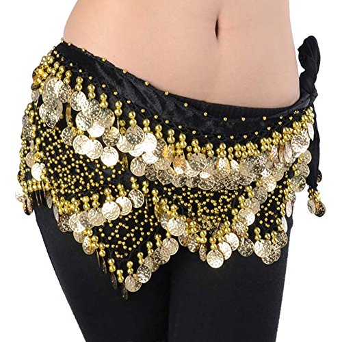 Wuchieal Women's Sweet Bellydance Hip Scarf with Gold Coins Skirts Wrap Noisy Black