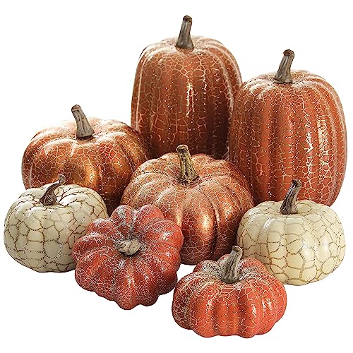 Artgar Pumpkin Decor, 8PCS Halloween Pumpkin, Metal Cracked Design Foam Pumpkins for Halloween Thanksgiving Fall Home Table Indoor Outdoor Decorations