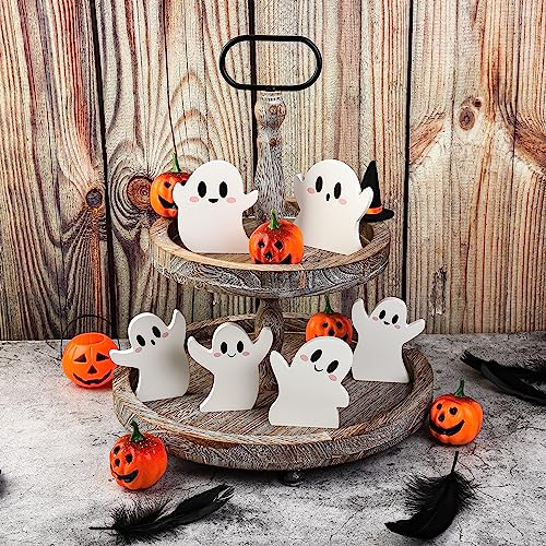 6 Pcs Halloween Decorations White Ghost Miniature Wooden Signs Cute Distressed Cutouts Whimsical Fall Table Centerpieces for Manterl Shelf Tiered Tray Home Kitchen Party Decor