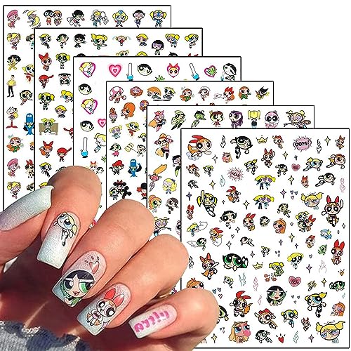 6 Sheets Cartoon Nail Art Stickers Decals Cute Girls 3D Nail Self-Adhesive Sticker Designs Kawaii Designer Nail Art Stickers for Women Girls Kids Anime Nail Transfer Decal Manicure Decorations