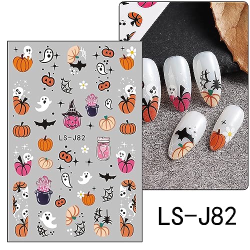 JMEOWIO 9 Sheets Halloween Nail Art Stickers Decals Self-Adhesive Pegatinas Uñas Cute Ghost Witchy Spider Web Bat Pumpkin Spook Nail Supplies Nail Art Design Decoration Accessories