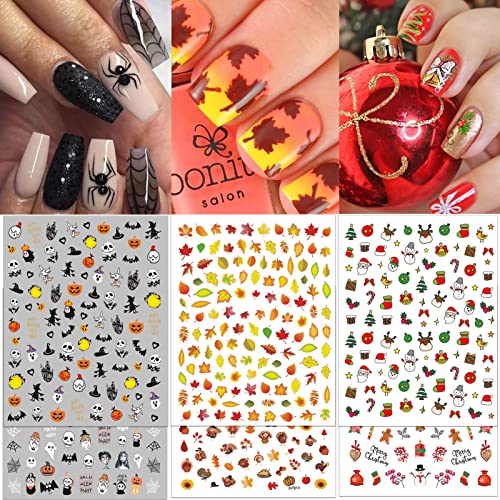 TailaiMei 18 Sheets Holiday Nail Stickers, Halloween Christmas Thanksgiving Day Seasonal Nail Art Decals for Fall and Winter DIY Nail Decorations