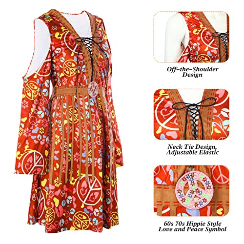 Zhanmai 70s Hippie Women Costume Disco Dress Outfit Flower Headband Ankle Socks Peace Sign for Ladies Costume Cosplay Party (XXL)