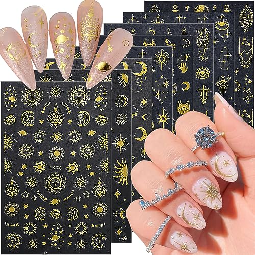 8 Sheets Sun Star Nail Art Stickers Moon Nail Stickers 3D Self-Adhesive Snake Nail Decals Gold Star Sun Space Designs Nail Art Supplies for Women Girls Acrylic Nails Decorations Salon Accessories