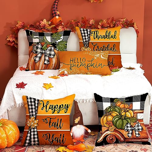 DFXSZ Fall Pillow Covers 18x18 inch Set of 4 Buffalo Check Pumpkin Truck Farmhouse Decorations Happy Fall Autumn Thanksgiving Decoration for Home Couch 120