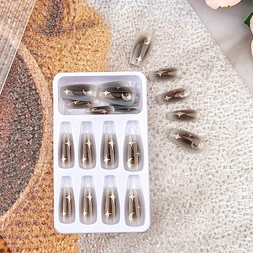 24Pieces Press on Nails Medium Length Coffin Fake Nails Grey Black False Nails with Moon Stars Design Stick on Nails Full Cover French Glossy Glue on Nails