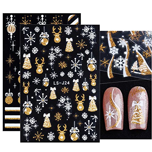 8 Sheets Christmas Nail Art Stickers Decals Self-Adhesive Pegatinas Uñas Holiday Gold Snowman Snowflake Xmas Winter Nail Supplies Nail Art Design Decoration Accessories