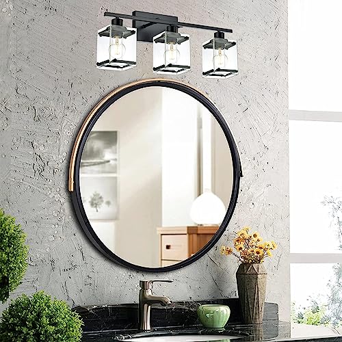 TULUCE 3-Light Bathroom Wall Light Fixtures,Black Bathroom Vanity Light with Clear Glass Shade Modern Wall Sconce for Bathroom Hallway Living Room