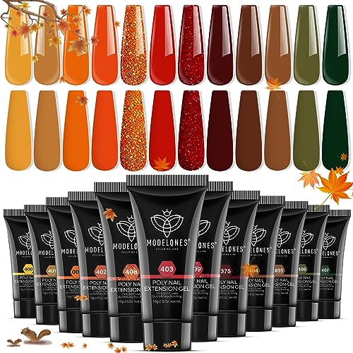 modelones Poly Nail Extension Gel Set 12 Colors Fall Yellow Autumn Dark Brown Glitter Red Orange Green Builder Nail Gel Kit for Starter Retro Nails Design DIY at Home Gifts for Women