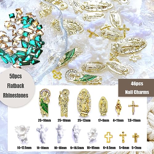 96pcs San Judas Virgin Mary Cross 3D Nail Charms Angel Gold Alloy Metal Rhinestones for Acrylic Nail Art Religious Gems Jewels Vintage Nail Tip Manicure Accessories Decoration Supplies Craft DIY