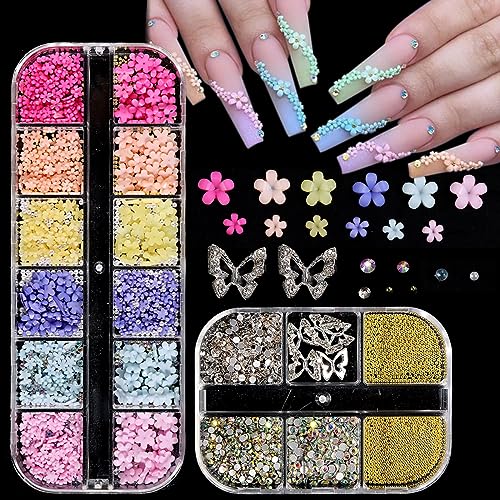 3D Flowers Nail Charms, 3D Pink Pastel Acrylic Flower for Nails, Gold Caviar Beads Nail Decorations Mixed Rhinestones Kit, Crystal AB Color Gems Nail Diamonds Rhinestones for Women Craft Jewelry