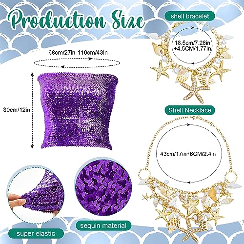 Newcotte 4 Pcs Mermaid Costume for Women Purple Sequin Mermaid Crop Tops Mermaid Skirts Mermaid Shell Necklace and Bracelet (Medium)