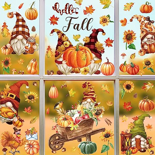 Quera 9Pcs Fall Gnomes Window Decals Clings Autumn Watercolor Thanksgiving Window Stickers Fall Leaves Sunflowers Pumpkin PVC Window Decorations for Fall Harvest Party Supplies Home Office Window Glass Mirror Decor 7.9 x 11.8"