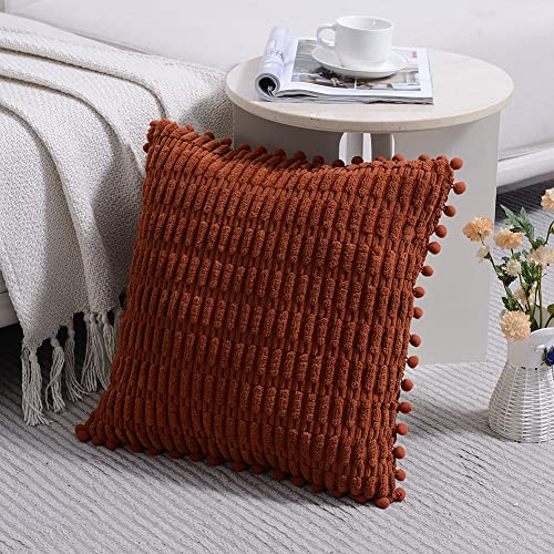 Fancy Homi 2 Packs Rust Decorative Throw Pillow Covers 18x18 Inch with Pom-poms for Couch Bed Living Room, Farmhouse Boho Home Decor, Terracotta Soft Corduroy Cute Square Cushion Case 45x45 cm