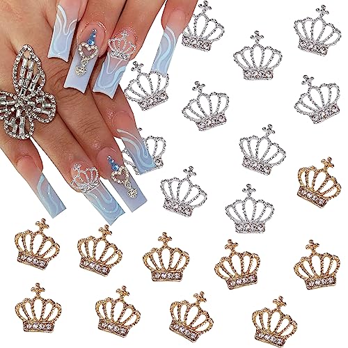 20pcs Alloy Crown Nail Charms Hollow Out Shiny Gold Silver Nail Rhinestones Exquisite Nail Art Design 3D Nail Art Charms for Acrylic Nails Decorations Crystal Nail Jewels for Women DIY Nails Supplies