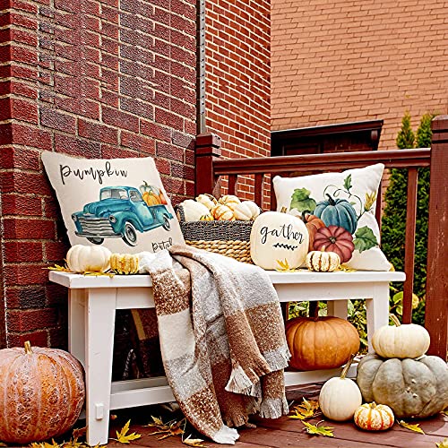 ZWJD Fall Pillow Covers 18x18 Set of 4 Pumpkin Truck Fall Decorations Pillow Covers Thanksgiving Autumn Theme Fall Decor Grateful Thanksgiving Cushion Cover 18 X 18Inches