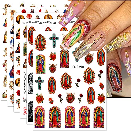 Dornail 12 Sheets Virgin Mary Nail Art Stickers, Christian Jesus San Judas Nail Stickers 3D Self-Adhesive Nail Design Baby Angel Wings Nail Decals for Women DIY Nail Decorations for Nail Art Supplies