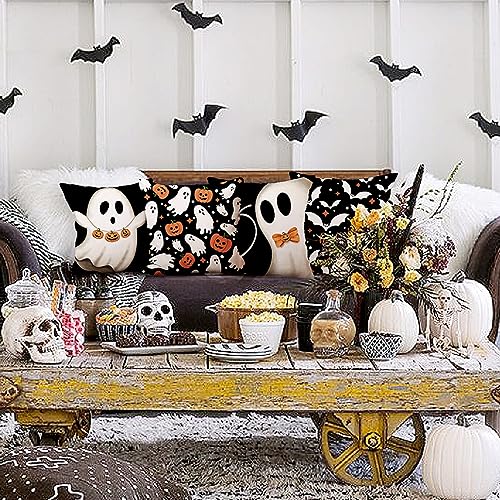 DFXSZ Halloween Pillow Covers 18x18 inch Set of 4 Halloween Decorations Ghost Pumpkins Bats Decor Holiday Pillow Case Farmhouse Decor for Home Sofa B107