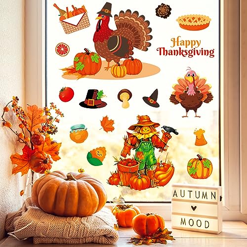 193 PCS Thanksgiving Window Clings Stickers Fall Decor, Double-Side Turkey Cling for Glass Window Thanksgiving Decorations for Home Party