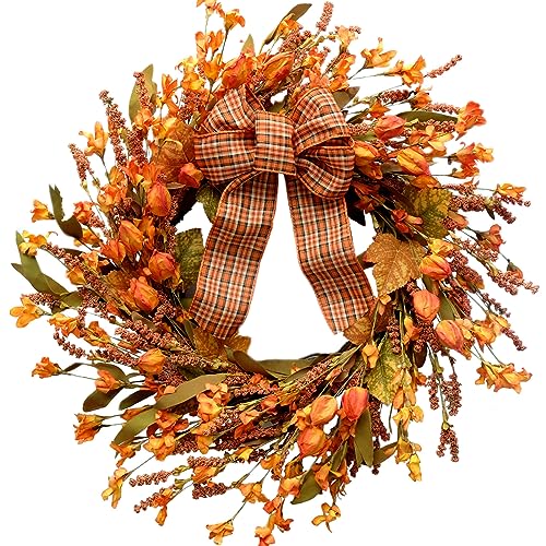 Idyllic 18 Inches Artificial Fall Wreath, Autumn Wreath with Berries & Leaves, Thanksgiving Harvest Front Door Wreath for Home Farmhouse Halloween Thanksgiving Day Festival Celebration Decor